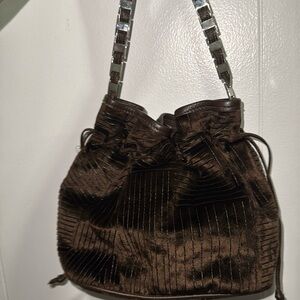 Vintage Y2K Chocolate Velvet Slit-Stitch Drawstring Bucket Bag